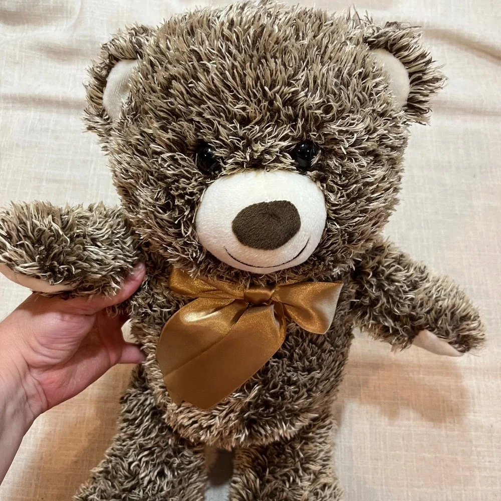 FAO Schwarz Teddy Bear Plush Gold Bow Brown Shaggy Fur Stuffed Animal Toy 18 in